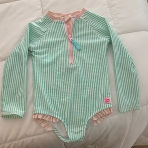 Ruffle Butts green/pink seersucker swimsuit